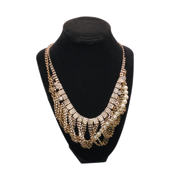 BR Mixed Media 19.5" Necklace Gold Tone Rhinestones Faux Pearls Sparkle Occasion - Picture 5 of 8